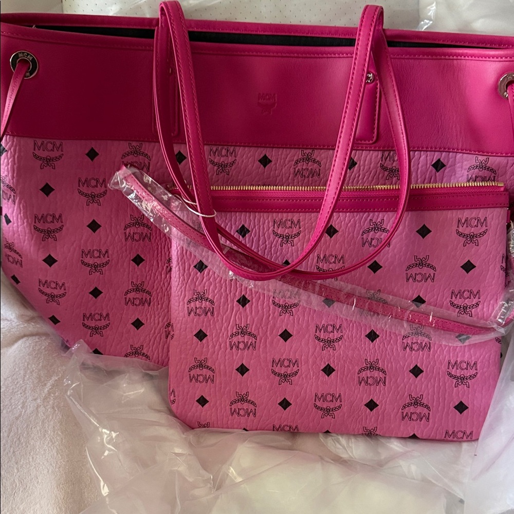MCM Hot Pink Logo Tote with Front Zip Pocket